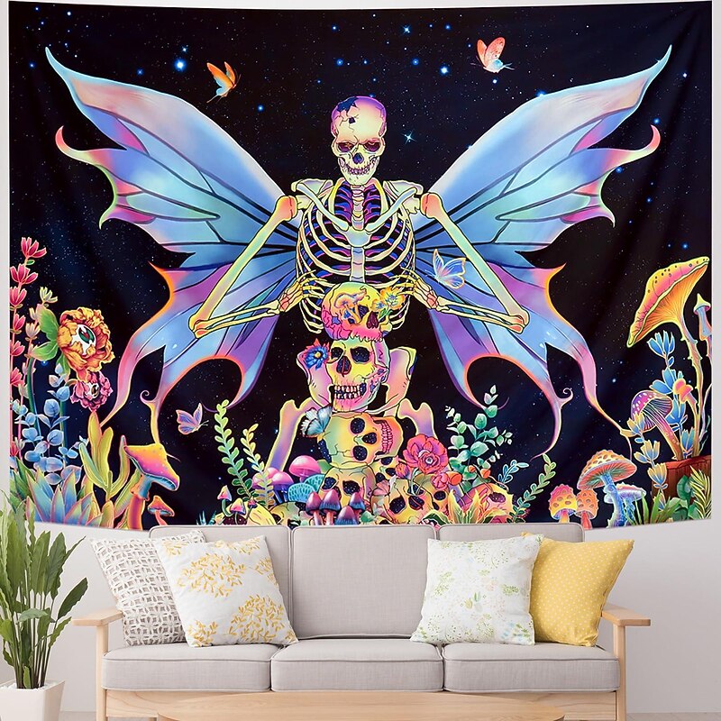 Halloween Skull Blacklight Tapestry UV Reactive Skeleton Butterfly Trippy Misty Mushroom Floral Hanging Tapestry Wall Art Mural for Living Room Bedroom Halloween Decorations3