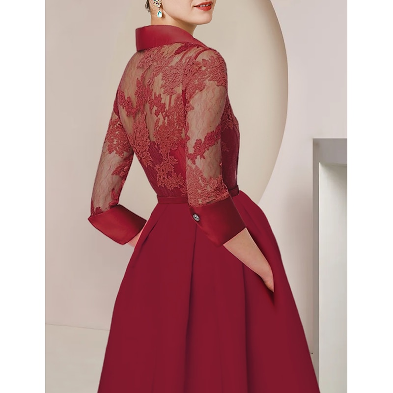 Jumpsuit Mother of the Bride  Formal Wedding Guest Elegant Party Shirt Collar Ankle Length Satin Lace 3/4 Length Sleeve with Pleats2