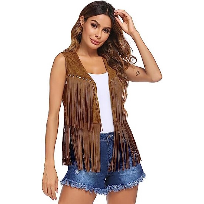 Hippie Retro Vintage Tassel 1960s Hippie 1970s Disco Suede Vest 70s Fancy Dress Women 70s Outfits Women's Tassel Fringe Costume Vintage Cosplay Carnival Masquerade Holiday Sleeveless Vest Carnival4