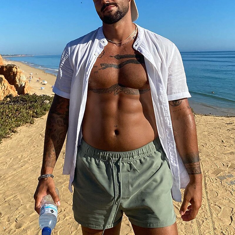 Men's Shirt Linen Shirt Chinese Collar Shirt Mandarin Collar Shirt Summer Shirt Beach Shirt Plain Vacation Casual White Short Sleeve Grandad Collar Summer Clothing Apparel