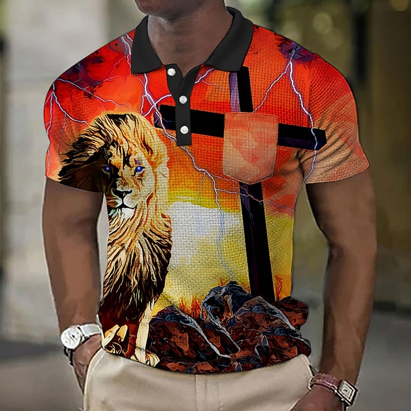 Men's Lion Graphic Prints Cross Waffle Polo Shirts Polo Shirts Lapel Polo Button Up Polos Golf Shirt Short Sleeve Shirt Turndown Outdoor Street Light Yellow Black Yellow Red Blue Print Clothing3