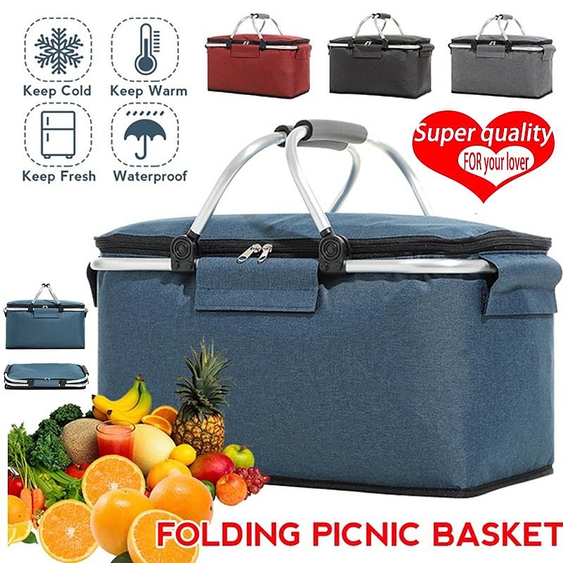 24L High Quality Picnic Insulated Folding Handle Picnic Basket Cooler Camping Picnic Basket -Grocery Basket- Laundry Basket -Market Basket-Insulated Strong Aluminum Frame basket Oxford Cloth