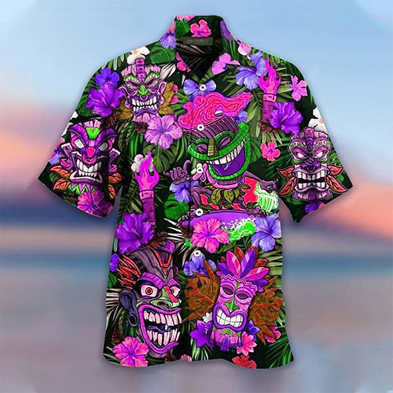 Men's Cartoon Mask Tropical Plants Summer Hawaiian Shirt Camp Collar Shirt Aloha Shirt Short Sleeve Shirt Turndown Fashion Hawaiian Designer Outdoor Street Casual Yellow Red Blue S M L4