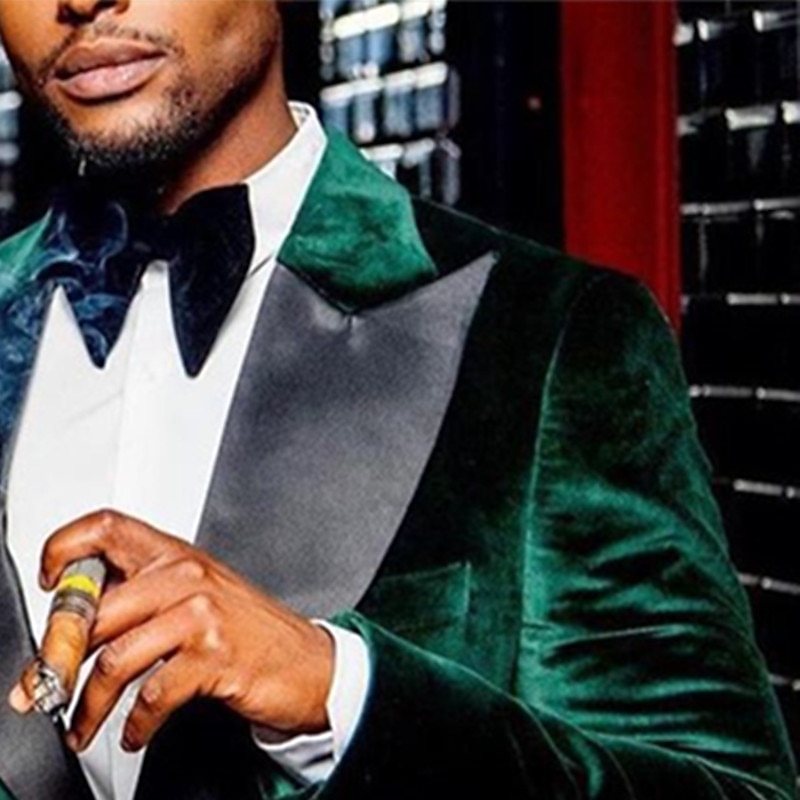 Men's Blazer Jacket Tuxedo Closure collar Fashion Casual Velvet Solid Colored Green Tailored Fit Single Breasted Two-buttons3