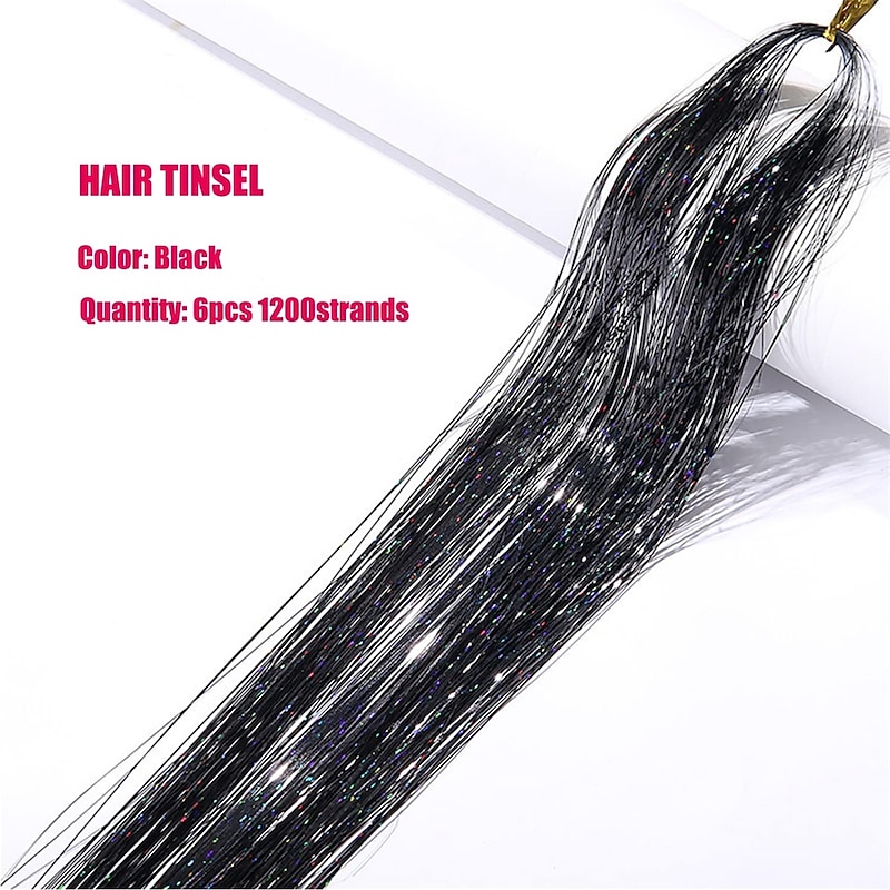 Black Hair Tinsel Kit with Tool 6pcs 1200 Strands Hair Tinsel Heat Resistant Fairy Hair Sparkling Shiny Glitter Tinsel Hair Extensions for Women Girls Kids 47Inch2