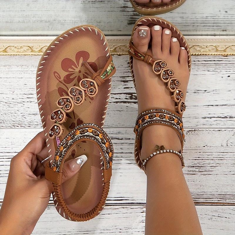 Women's Bohemian Beaded Sandals - Handmade Floral Embellished Flat Sandals for Summer Beach and Casual Wear