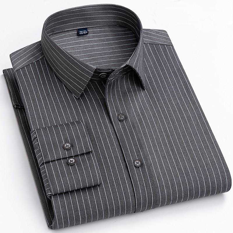 Men's Dress Shirt Non Iron Shirt Striped Shirt Stripes and Plaid Wedding Office & Career Black White khaki Light Grey Long Sleeve Turndown All Seasons Clothing Apparel2