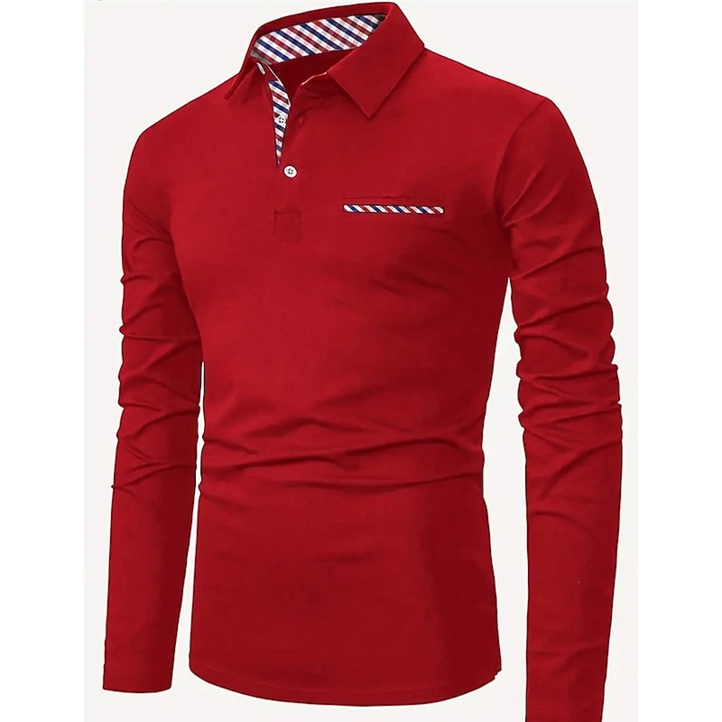 Men's Button Up Polos Polo Shirt Casual Sports Lapel Long Sleeve Fashion Basic Plain Patchwork Button Summer Regular Fit Black Red Navy Blue Button Up Polos