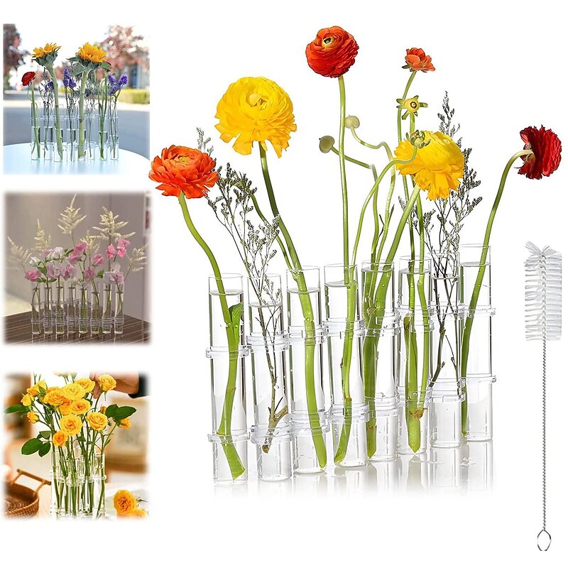 Hinged Flower Vase,Foldable Flower Vase Set, Foldable Flower Vase with Hinged Design, Shape Changeable DIY Crystal Glass Test Tube with 6/8 Test Tubes and S-Shaped Hooks