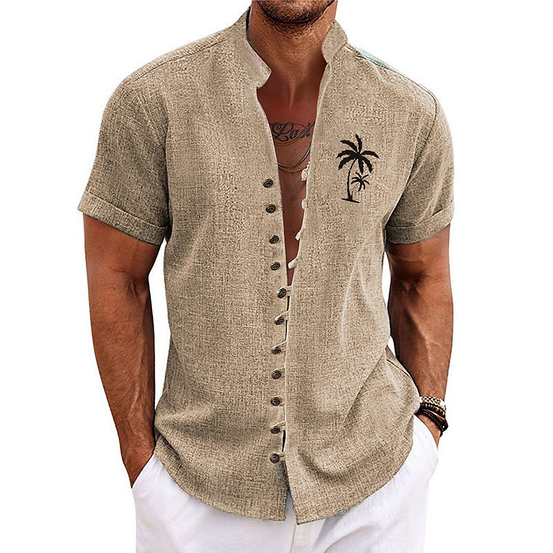 Men's Coconut Tree Tropical Plants Summer Hawaiian Shirt Button Up Shirt Aloha Shirt Short Sleeve Shirt Stand Collar Hawaiian Outdoor Vacation Street Blue Green Khaki S M L4