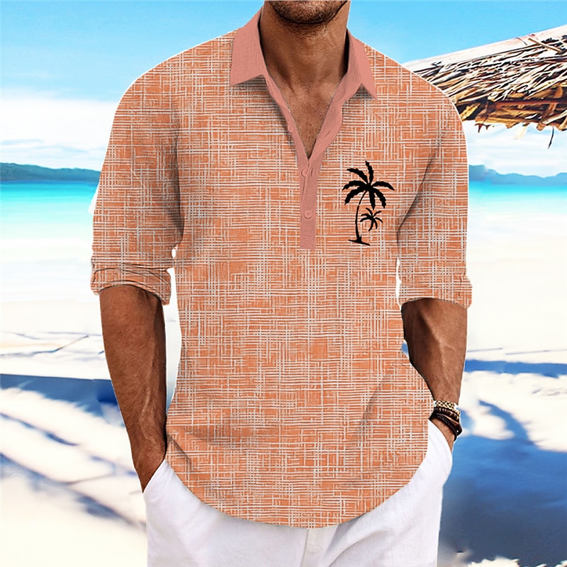 Men's Coconut Tree Tropical Plants Shirt Summer Hawaiian Shirt Aloha Shirt Long Sleeve Shirt Stand Collar Fashion Streetwear Designer Outdoor Street Casual Pink Blue Green S M L3