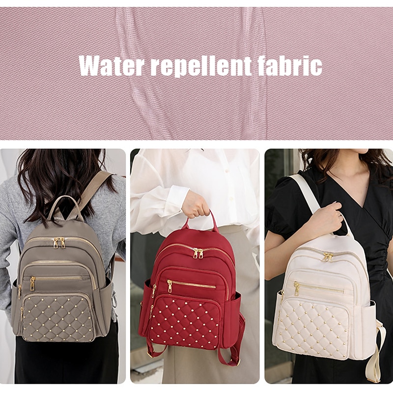Women's Beige Quilted Backpack with Gold Studs – Stylish Oxford Cloth School Bag for Travel, Work & Daily Use3