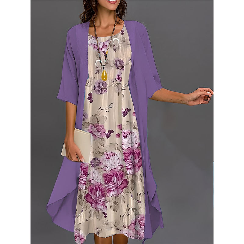 Women's Graduation Dress Midi Dress Two Piece Dress Set Casual Dress Print Dress Elegant Fashion Ombre Floral Print 3/4 Length Sleeve Crew Neck Outdoor Daily Pink Dark Pink Blue Summer Spring3