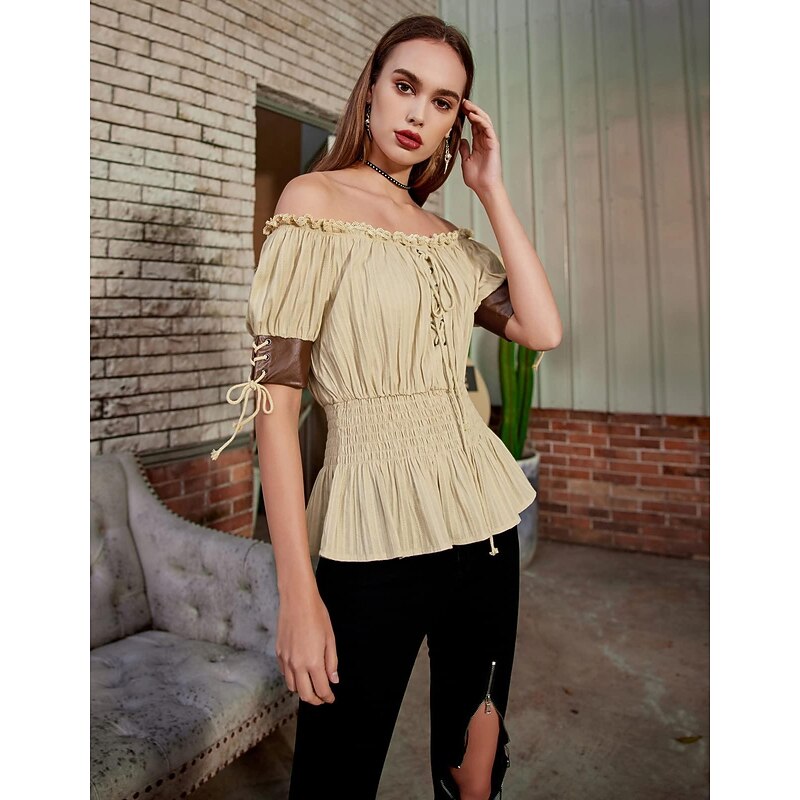 Women's Medieval Blouse Renaissance Victorian Retro Vintage Half Sleeve Lace-Up Boho Off Shoulder Tops4
