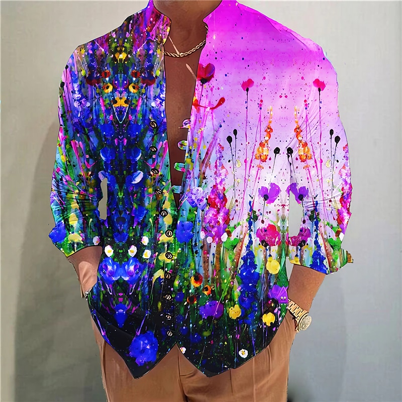 Men's Floral Color Block Shirt Button Up Shirt Long Sleeve Fashion Streetwear Designer Outdoor Casual Daily Summer Spring Fall Stand Collar Print Red Blue Light Purple Purple Green