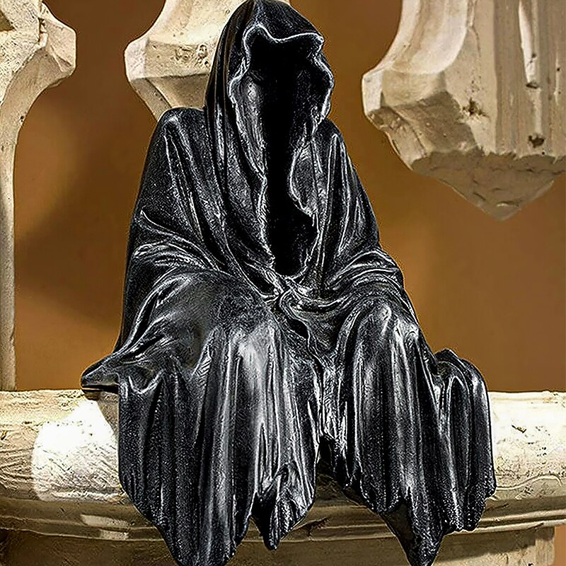 Halloween Horror Art Design Resin Black Robe Dead God Sitting Statue Gothic Dark Knight Terror Dead God Decoration Suitable for Halloween Home Decoration Bookcase Desktop Decoration Gifts 1PC3