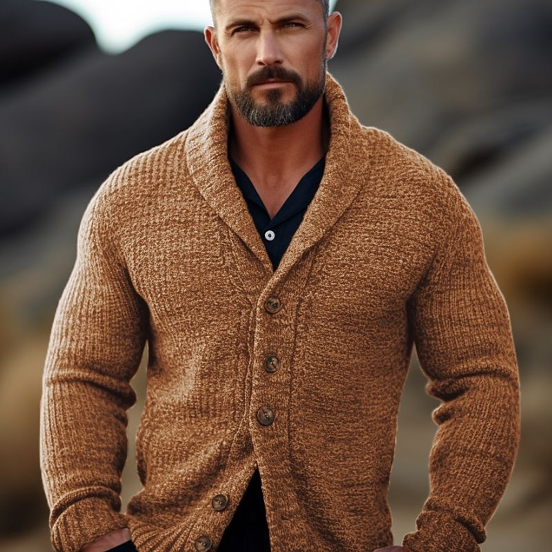 Male Cardigan Sweater Cardigan Sweater Jacket Chunky Knit Regular Buttons Solid / Plain Color Shawl Collar Clothing Apparel Fall & Winter Dark Navy Brown M L XL2