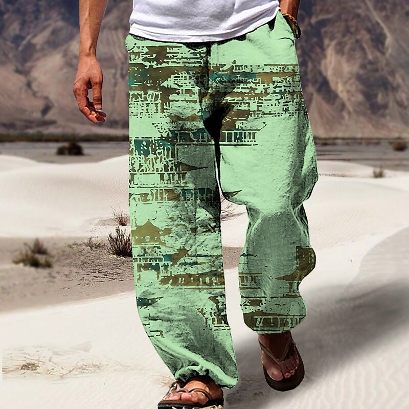 Men's Trousers Summer Pants Beach Pants Drawstring Elastic Waist 3D Print Graphic Prints Geometry Comfort Casual Daily Holiday Streetwear Hawaiian Light Green Navy Blue