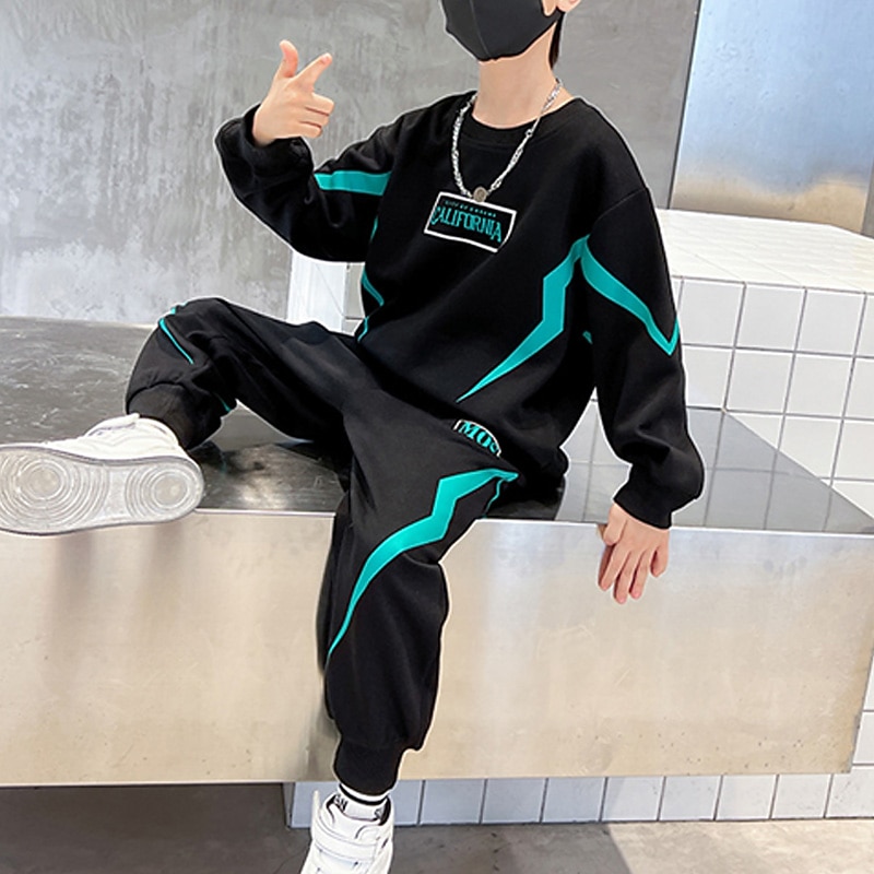 2 Pieces Kids Boys Hoodie & Pants Sweatshirt & Pants Clothing Set Outfit Letter Stripe Long Sleeve Pocket Set School Sports Cool Daily Spring Fall 7-13 Years Black Gray2