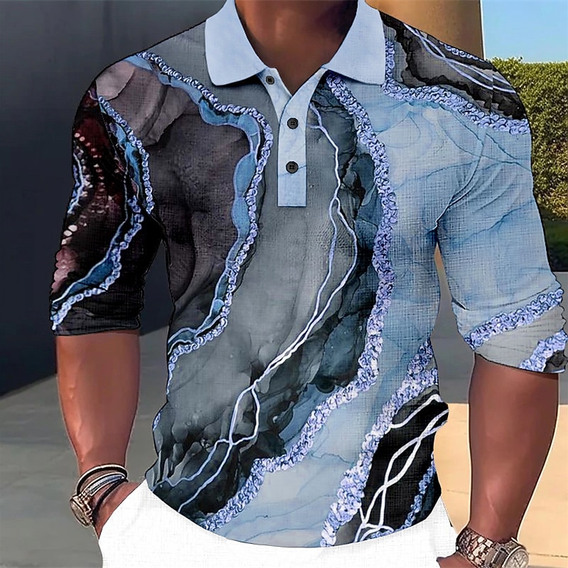 Men's Graphic Hawaiian Polo Shirts Golf Shirt Long Sleeve Polo Shirts Collared Shirts Casual Beach Wear Vacation Wear Party Outfits 3D Print Buttons Pink Blue Green2