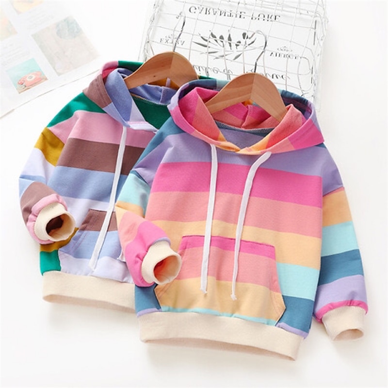 Kids Girls' Hoodie Rainbow Stripe Long Sleeve Pocket Spring Fall Cute Streetwear Daily Cotton Outdoor Casual Regular Fit