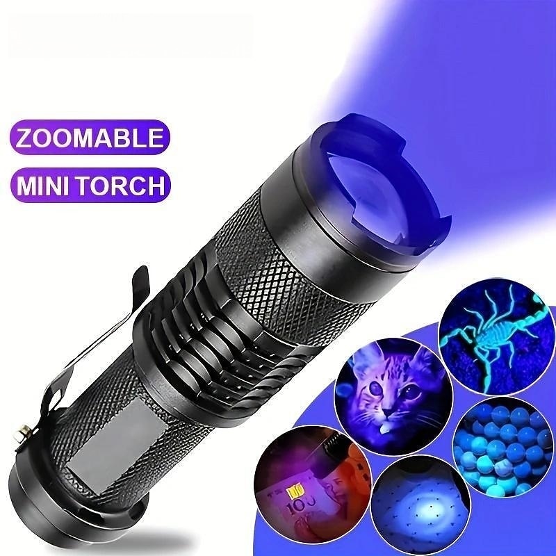 Zoomable UV Flashlight with Clip - Waterproof Torch in Red, Blue, Green & Purple Black Light for Fluorescent Detection & Camping