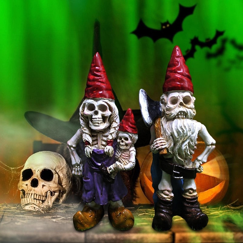 2pcs Halloween Skeleton Gnomes Resin Zombie Gnome Statues Skeleton Dwarf Ornament Horror Skull Elf Dwarf Figurines for Lawn Front Porch Halloween Decorations Table Decor3