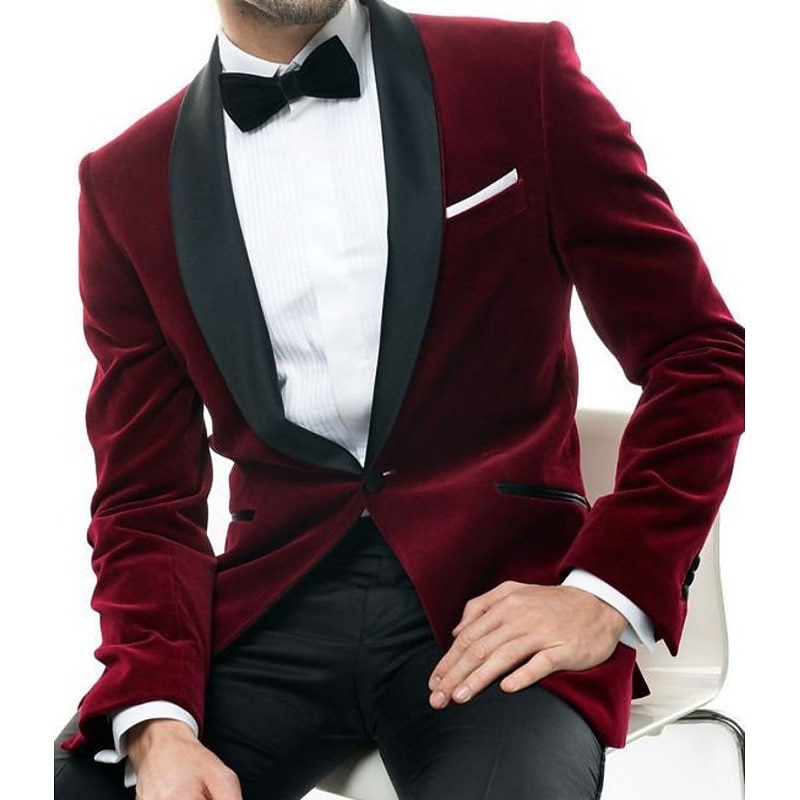 Men's Blazer Jacket Tuxedo Shawl Collar Fashion Party Casual Solid Colored Burgundy Tailored Fit Single Breasted One-button - Main Image