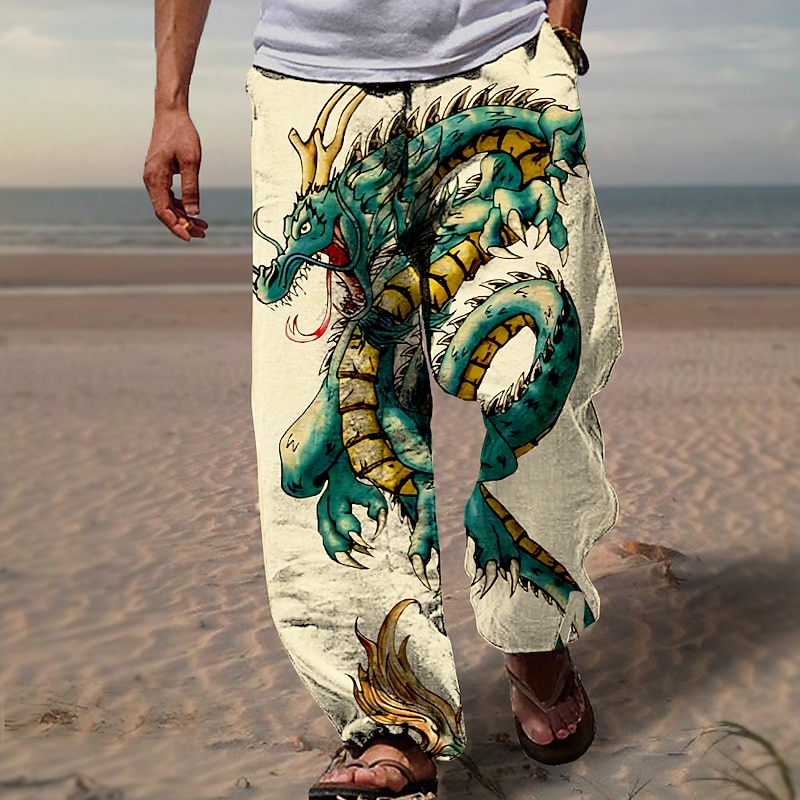 Dragon Beach Pants Mens Graphic | Summer Daily Holiday Black | Trousers Drawstring Elastic Waist 3D Print Animal Prints Comfort Casual Streetwear