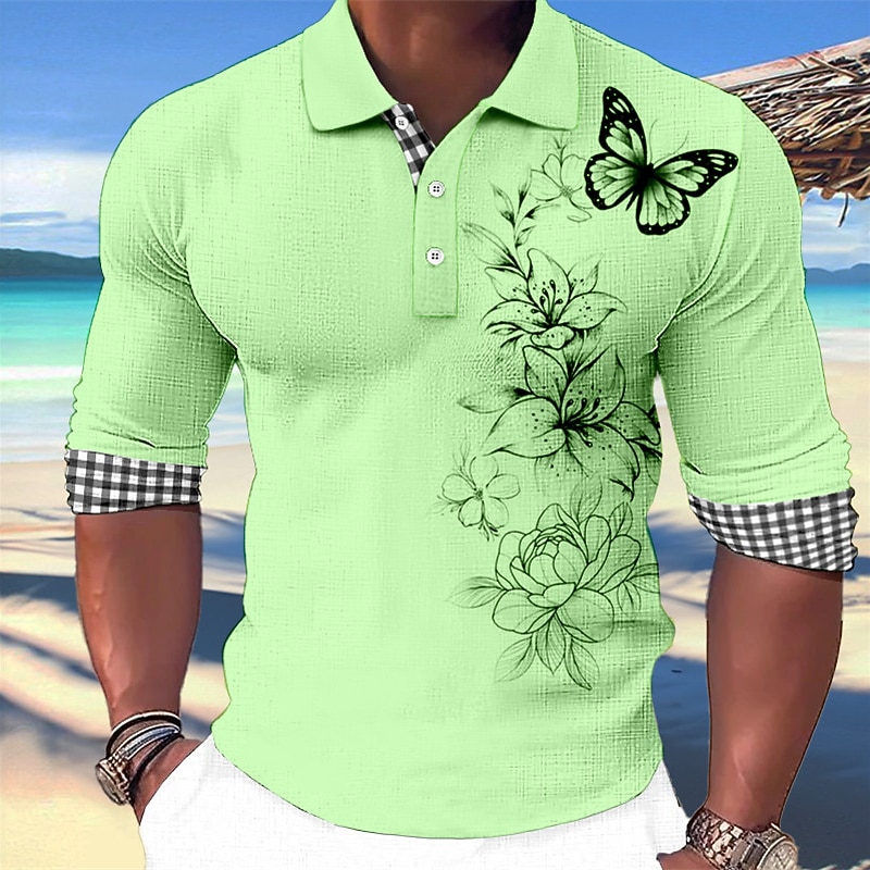 Kentucky Derby Men's Butterfly Hawaiian Polo Shirts Golf Shirt Long Sleeve Polo Shirts Collared Shirts Casual Beach Wear Vacation Wear Party Outfits 3D Print Buttons White Pink Blue3