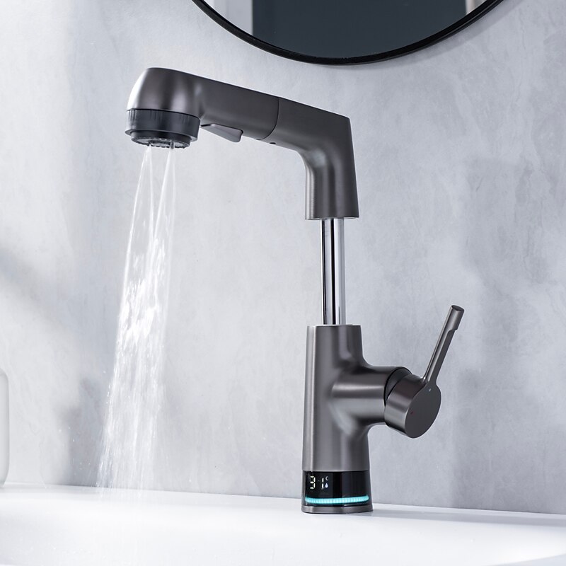 Bathroom Faucet LCD Digital Display Sink Mixer Basin Taps with Pull out Sprayer, Single Handle Liftable Spout Head 3 Mode, Brass Vessel Tap Washroom3