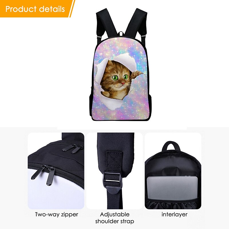Galaxy Cat Print Backpack for Kids and Teens – Adorable 3D Peekaboo Animal School Bag with USB Port for Boys and Girls4