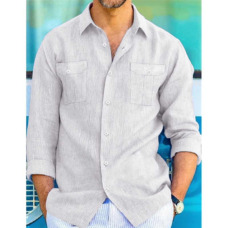 Men's Shirt Linen Shirt Cotton Linen Shirt Summer Shirt Beach Shirt Button Up Shirt Plain Casual Daily Black White Blue Khaki Long Sleeve Turndown Spring & Summer Clothing Apparel Multi Pocket3