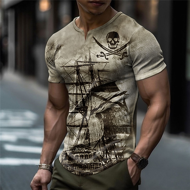 Men's Graphic Haunted Pirate Ship Nautical Pirate Skulls Waffle T Shirt Short Sleeve T shirt 3D Print V Neck Shirt Fashion Designer Basic Outdoor Daily Sports Blue Green Khaki Summer Clothing Apparel4