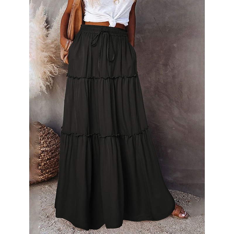 Women's Loose Skirt Maxi High Waist Skirts Ruched Ruffle Drawstring Solid Colored Street Daily Summer Polyester Cotton And Linen Fashion Casual Violet Black Yellow Red3