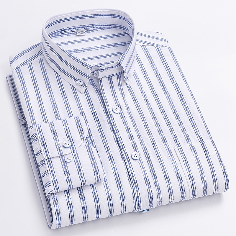 Men's Dress Shirt Striped Shirt Button Down Shirt Non Iron Shirt Oxford Shirt Plaid / Striped / Chevron / Round Wedding Office & Career Light Blue White Dark Navy Navy Blue Long Sleeve Shirt Collar