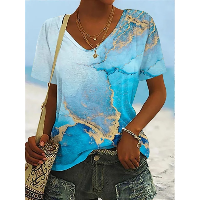Women's T Shirt Basic Neon & Bright Abstract Print Short Sleeve Regular Tops V Neck Daily Weekend Yellow Blue Gold Light Blue