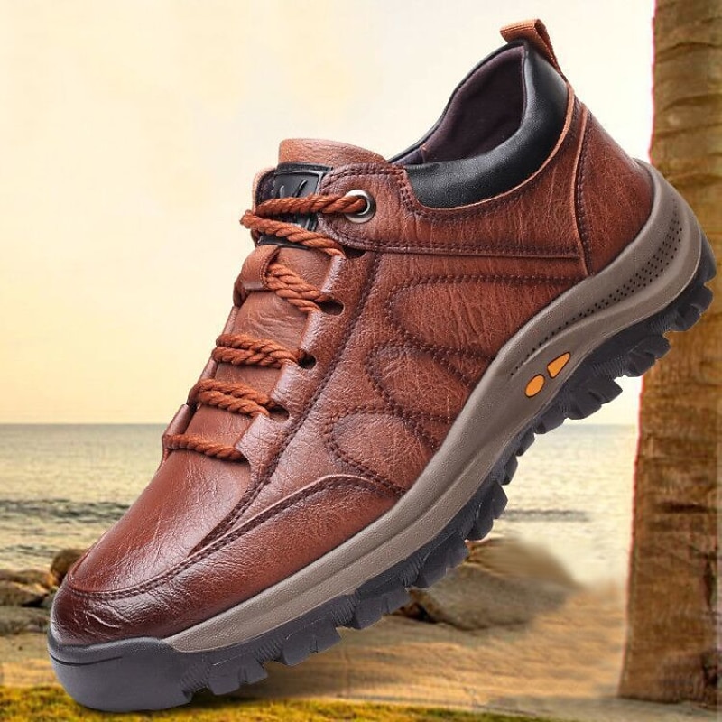 Men's Brown Faux Leather Casual Hiking Shoes with Non-Slip Sole for Outdoor and Travel