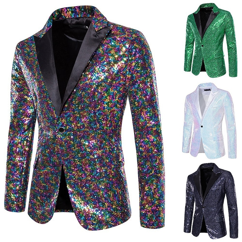 Men's Blazer Performance Party / Cocktail Ballroom Dance Vintage 1980s Summer Spring Polyester Sequined Solid Color Single Breasted One-button Blazer Silver White Dark Navy Green