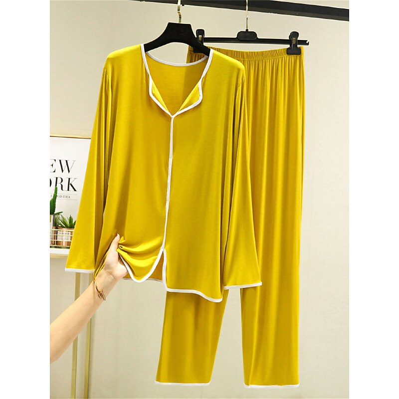 Women's Pajamas Pajama Top and Pant Sets 2 Pieces Pure Color Fashion Casual Soft Home Daily Bed Modal Breathable Lapel Long Sleeve Pant Summer Spring Home Outfits3