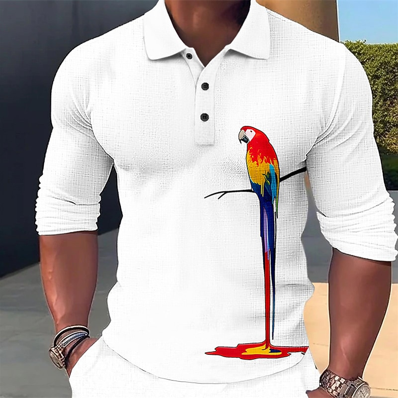 Men's Parrot Hawaiian Polo Shirts Golf Shirt Long Sleeve Polo Shirts Collared Shirts Casual Funny Beach Wear Vacation Wear Party Outfits 3D Print Buttons Black White Blue