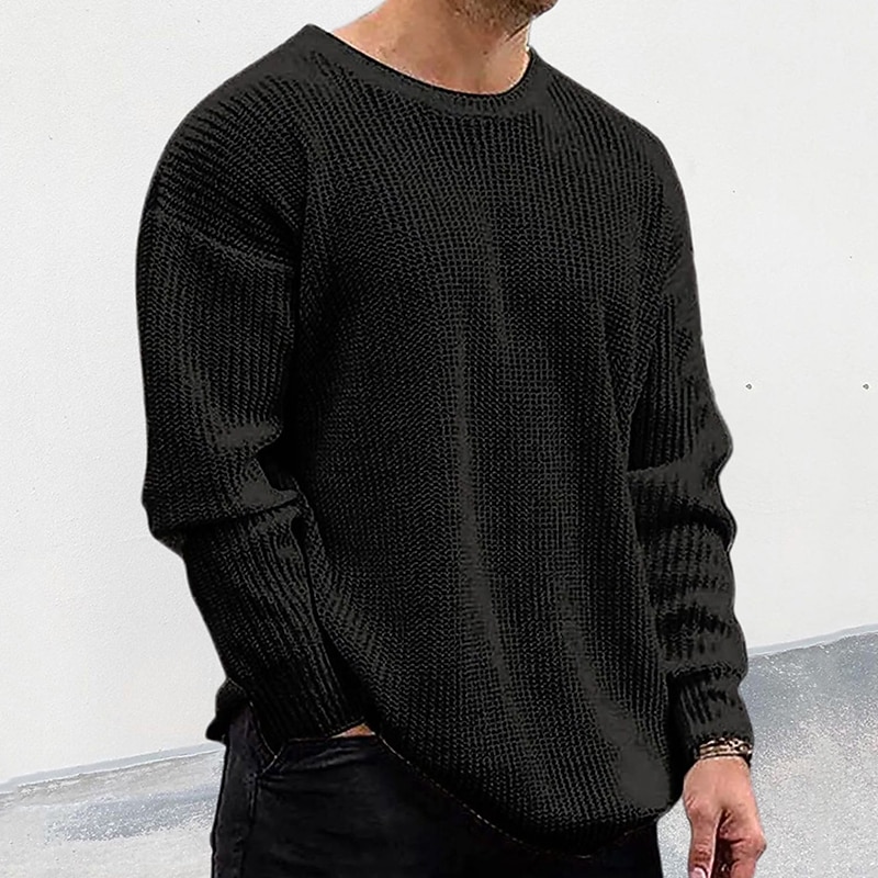 Men's Pullover Sweater Jumper Ribbed Crochet Knit Regular Knitted Solid Color Crew Neck Modern Contemporary Work Daily Wear Clothing Apparel Winter Black White M L XL2