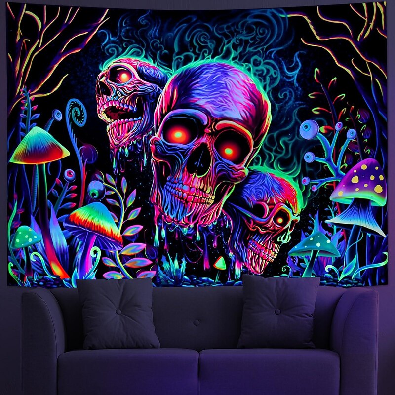 Halloween Skull Skeleton Blacklight Tapestry UV Reactive Trippy Misty Mushroom Hanging Tapestry Wall Art Mural for Living Room Bedroom  Decorations2