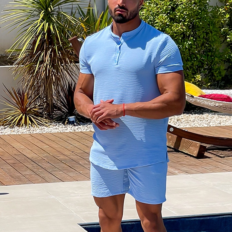 Men's 2 Piece Shirt Set Casual Shirt Summer Shirt Beach Shirt Black White Blue Short Sleeve Plain Henley Daily Vacation Clothing Apparel Fashion Casual Comfortable2