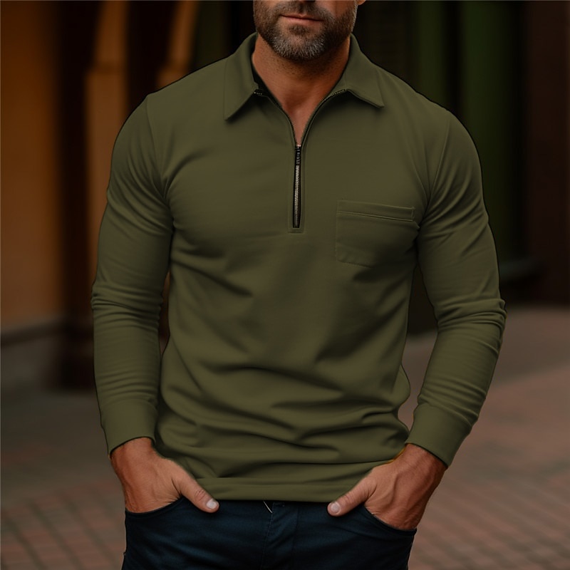 Men's Polo Shirt Quarter Zip Polo Work Daily Wear Lapel Long Sleeve Fashion Comfortable Plain Pocket Zip Up Summer Spring Regular Fit Yellow Navy Blue Dark Grey Army Green Polo Shirt4