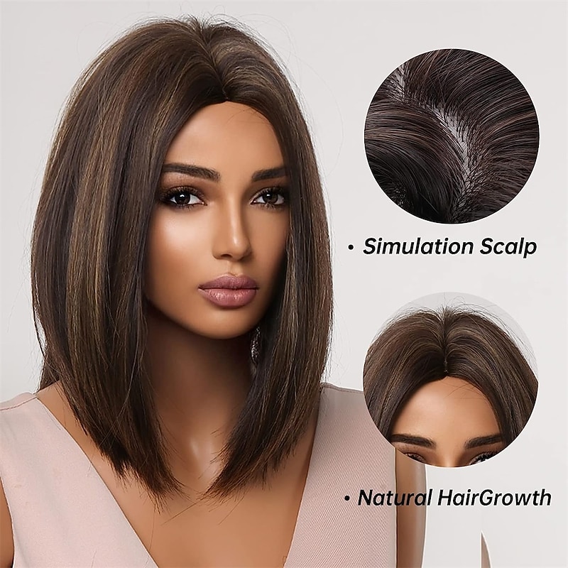 Brown Bob Wigs for Women Blonde Highlights Short Straight Synthetic Hair Middle Part Wig2