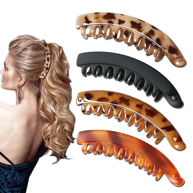 Banana Hair Clips for Women Classic Clincher Double Comb Clips Hair Leopard Banana Ponytail Holder Clip for Thick Hair