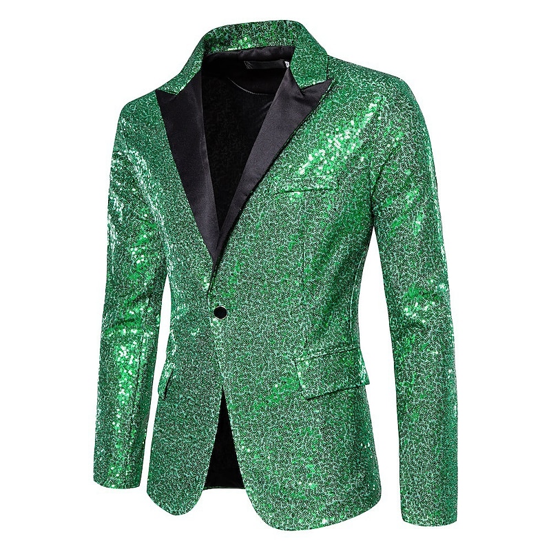 Men's Blazer Performance Party / Cocktail Ballroom Dance Vintage 1980s Summer Spring Polyester Sequined Solid Color Single Breasted One-button Blazer Silver White Dark Navy Green3