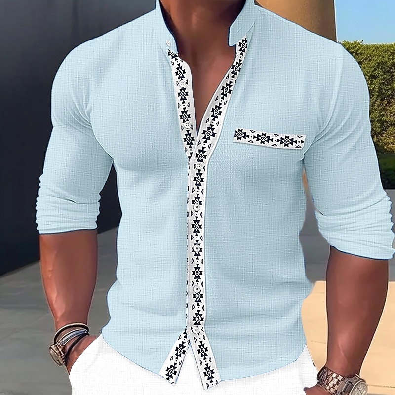 Men's Shirt Linen Shirt Band Collar Shirt Summer Shirt Beach Wear Casual Shirt Color Block Casual Daily Black White Blue Long Sleeve Standing Collar Spring & Summer Clothing Apparel3