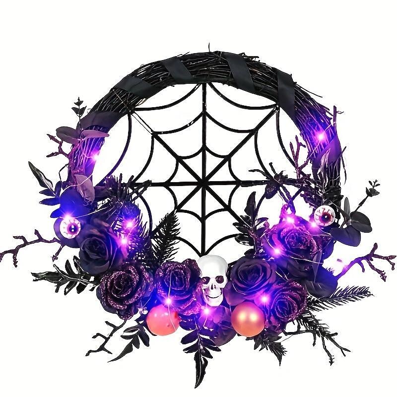 Halloween Wreath Hanging Decoration In Front Of The Door Ghost Festival Skeleton Pumpkin Maple Leaf Black Wreath With Lights4